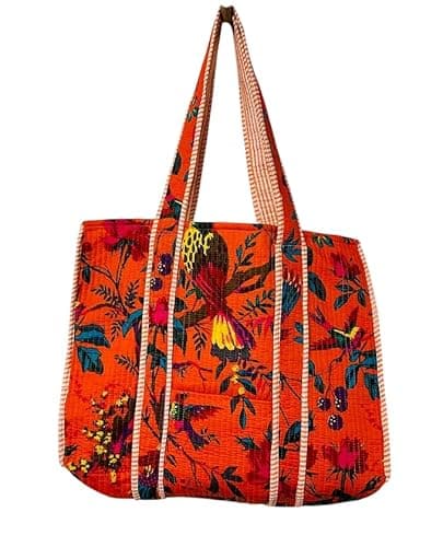 Image of Premium Quality Large Floral Cotton Tote Bags, Reusable and Eco Friendly Handmade, Stylish Shoulder Bags, For Shopping, Gym, Grocery, and Beach, Gift for Women, Reversible (Orange)