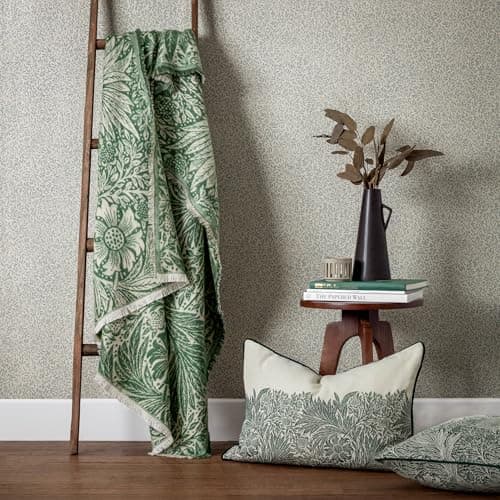 Image of Morris & Co. Marigold Throw – Heritage Jacquard Faux Mohair Floral Blanket (Leaf Green - 130x170cm)