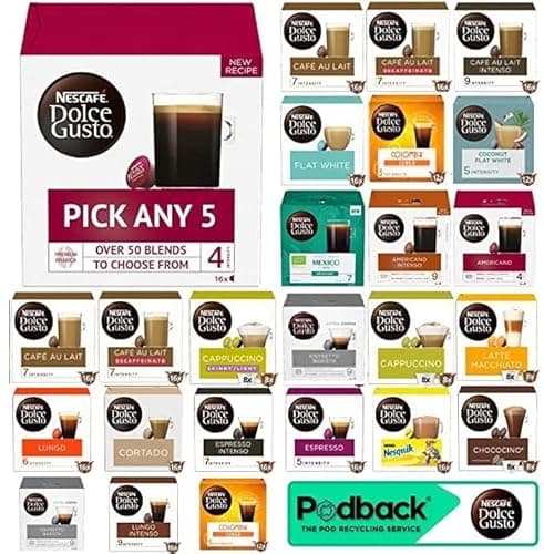 Image of Nescafe Dolce Gusto Coffee, Tea, Chocolate Pods. Pick Any 5 Packs from 40+ Blends Inc: Decaf, Caramel, Cappuccino, Latte, Mocha, Espresso, Skinny, Cafe Au Lait, Vanilla
