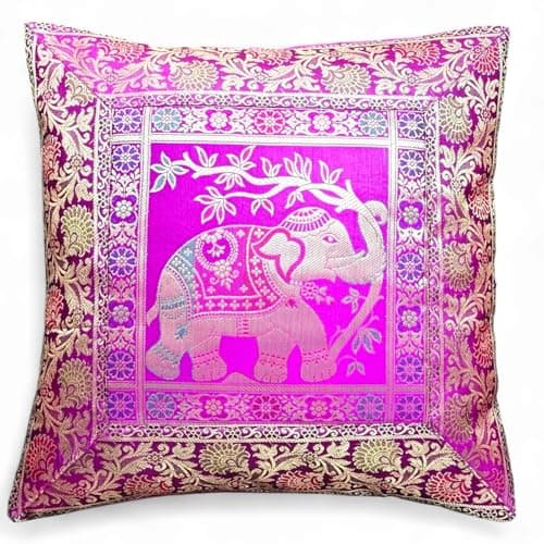 Image of Original Kikan Indian Elephant Mandala Silk Cushion Covers Sari Brocade Boho Home Decor Cushion- Pillow Cases 16”x16” Zip Closure Banarsi | Ethnic - Handmade - Patchwork (Magenta Pink)