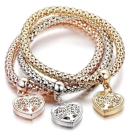 Image of AONAT Crystal Charms Multilayer Bracelets - 3PCS Gold/Silver/Rose Gold Corn Chain Bracelet for Women, Tree of Life Stretch Bracelet