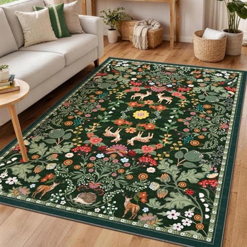 Image of FVVRAX Dark Green Bedroom Rugs 120×170 cm, Soft Low Pile Rugs for Living Room, Non-Slip Rug for Dining Room, Washable Animals Boho Floral Print Design Carpet
