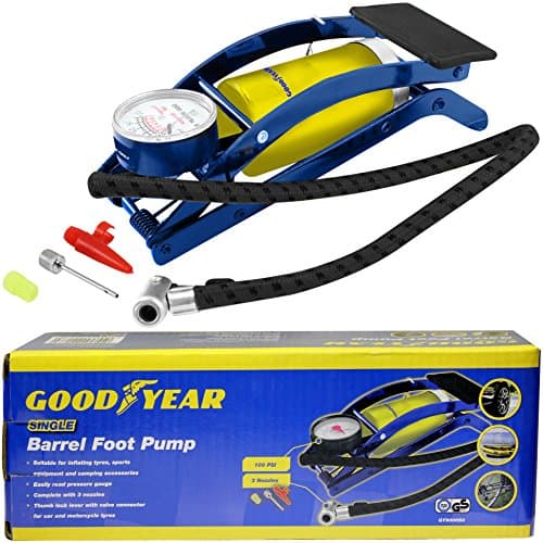 Image of Goodyear Heavy Duty Single Barrel Foot Pump for Camping| Suitable for inflating tyres, sports equipment, camping accessories|Easily read pressure gauge|Thumb lock lever with valve connector