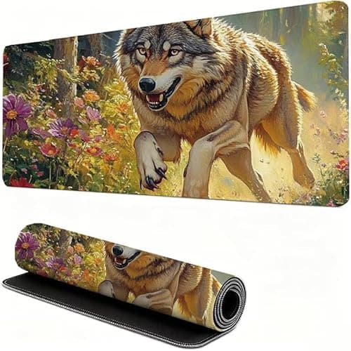 Image of Gaming Mouse Pad Yellow Desk Mat Large 39.37x19.69x0.16inches XXL Mousepad Wolf Full Desk Cover Protector, Waterproof Long Keyboard Mat, Non-Slip Backing, Smooth Surface for Office Accessories W6-36