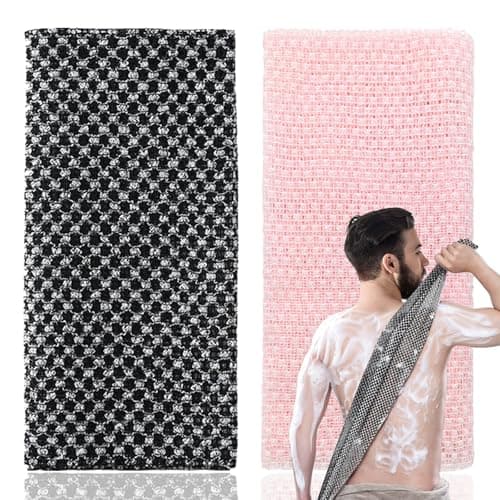 Image of 2Pcs Japanese Exfoliating Towel,Exfoliating Shower Towel,Extra Long Exfoliating Washcloth for Men Women,Exfoliating Body Scrubber for Cleaning&spa(Black+Pink)