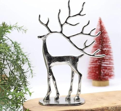 Image of Fyne-Finds Silver Aluminium Deer Antler 33cm Christmas Home Decor Reindeer Statue Large Ornament Xmas Gift