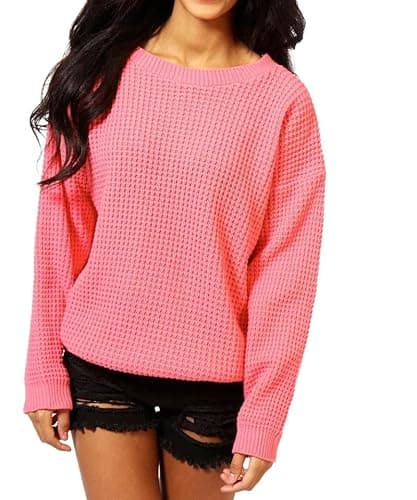 Image of AFR® Women’s Crew Neck Knitted Fishnet Baggy Oversized Jumper, Ladies Winter Warm Long Sleeve Pullover Loose Sweater Top (Coral, M-L)