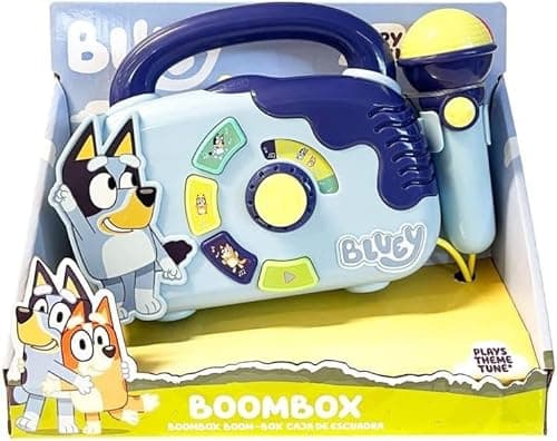Image of SKYTE Bluey Boombox Sing-Along Toy with Flashing Lights, Microphone, and Songs, Blue (BOOMBOX)