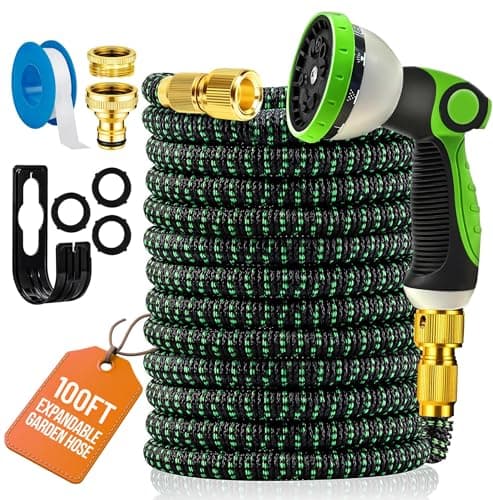 Image of MOSII 100FT Expandable Garden Hose Pipe, Flexible Heavy Duty Water Hose Pipe Extendable with 10-Pattern Spray Nozzle, Brass Fittings, Hosepipes for Garden Car Washing (Green, 100FT/30M)