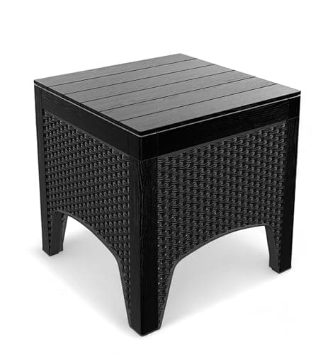 Image of URBN GARDEN Black Rattan Square Coffee Table with Wood Look Top Perfect for Outdoor Bistro, Garden, and Balcony End Spaces, Style & Functionality to Outdoor Living Areas