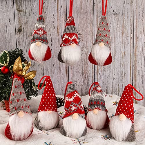Image of Christmas Gnomes Hanging Ornaments Set of 8, Swedish Gnome Handmade Plush Santa Elves Christmas Tree Hanging Decorations Xmas Decorations
