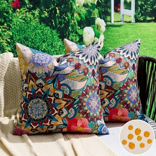 Image of Waterproof Outdoor Cushion Covers for Garden Boho Floral Throw Pillow Covers 40x40 cm Set of 2 Retro Mandala Flower Decorative Pillow Cases for Sofa Bed Chair Outdoor Farmhouse Decor Couch Patio Home