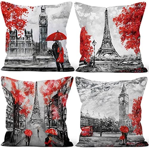 Image of Aoihrraan Eiffel Tower Cushion Covers Set of 4, Big Ben Pattern Throw Pillow Covers Red Romantic Tree Umbrella Soft Short Plush Square Pillowcase for Sofa Couch Bedroom Car Chair Home Decor 16"x16"