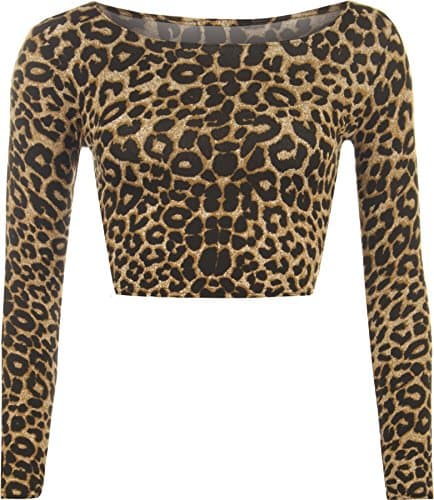 Image of Womens Crop Long Sleeve T Shirt Ladies Short Plain Round Neck Top Leopard Print 8-10