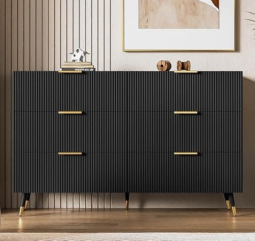 Image of BTM 6 Drawer Chest of Drawers, 6 Chest of Drawers, 6-Drawer Sideboard, Modern Storage Cabinet with Golden Handles, 77x120x40cm, Black