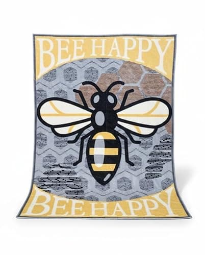 Image of Bee Happy Luxury Throw Blanket, Grey and Yellow Design, Super Soft Polyester. 150x200cm. Decorative Honeybee Pattern