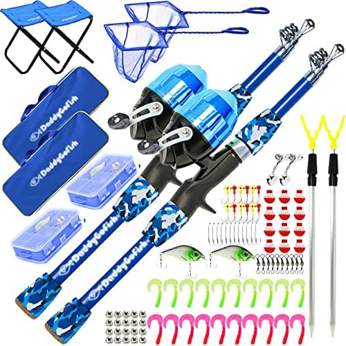 Image of DaddyGoFish Kids Fishing Pole - Rod Reel Combo Tackle Box Starter Set - First Year Small Dock Gear Kit for Boys Girls Toddler Youth Age Beginner Little Children Junior Anglers (2 Pack Blue + Blue 4ft)