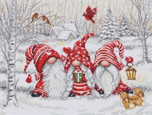 Image of Luca-S Cross Stitch Kit Three Gnomes in Wood, BU5050, Counted Cross Stitch Kit for Adults, Needlecraft and Embroidery Kit