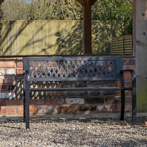 Image of Keswick Metal Garden Bench 2 Seater – Outdoor Bench for Patio, Garden, Balcony or Porch – Weather Resistant Black Powder Coated Frame with Lattice Backrest – Comfortable Small Garden Seat for 2 Adults