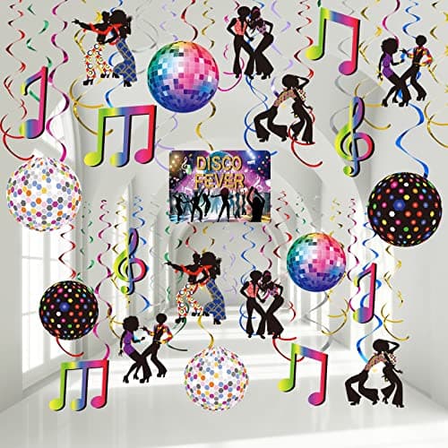 Image of Dianelhall 53 Pieces 70s Disco Party Decorations Disco Ball Hanging Swirls Ceiling Decor for Retro Fever 70's Boogie 1970s Birthday Hippie Party Favors