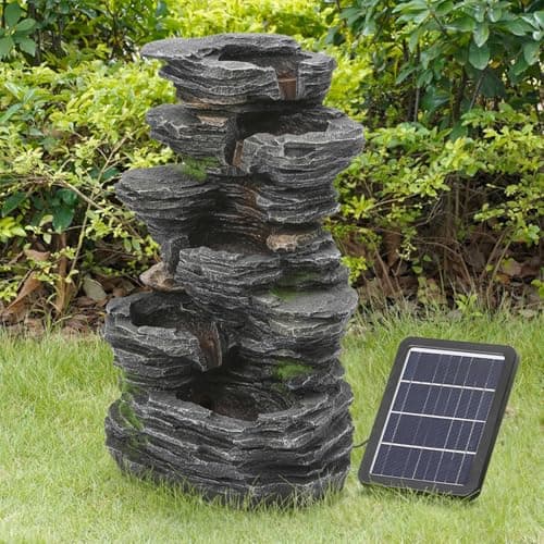 Image of Warmiehomy Solar Water Fountain, 5 Tier Cascading Solar Water Feature Rockery Waterfall with Solar Powered Pump & Warm Lights for Outdoor, Garden fountains and Water Features, Height 48CM, Grey