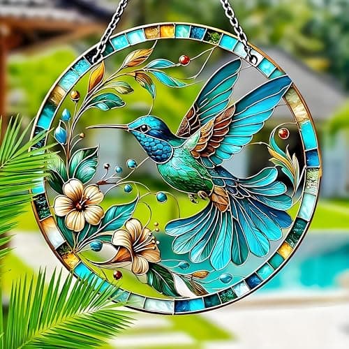 Image of Garden Decorations Outdoor, Garden Wall Art, Wall Decorations, Round Acrylic Hummingbird Hanging Ornament, 20x20cm Weather-Resistant Outdoor Decor with Metal Chain for Fence, Patio, Porch, Yard