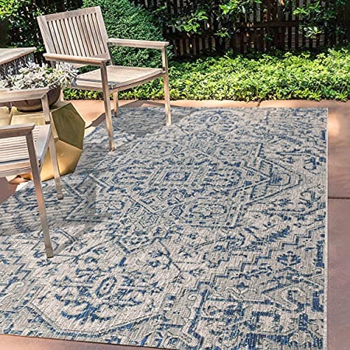 Image of JONATHAN Y SMB105B-5 Estrella Bohemian Medallion Textured Weave Indoor Outdoor Area Rug, Coastal, Traditional, Easy Cleaning, Bedroom, Kitchen, Backyard, Patio, Non Shed, Navy/Gray, 150 cm X 240 cm