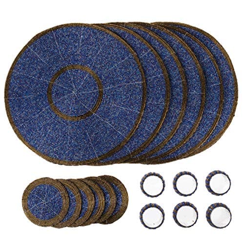 Image of Penguin Home Handcrafted Glass Beaded Round Placemats, Coasters & Napkin Rings Set of 18 - Handmade Table Place Mats for Dining - 32 cm (13") Diameter (Blue and Antique)