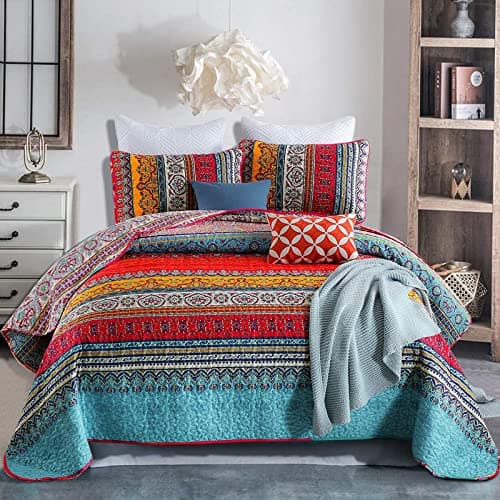 Image of WONGS BEDDING Double Size Reversible Bohemian Bedspread with 2 Pillowcases Boho Striped Bedspread Coverlet for All Season Soft Microfiber Quilt 220x240cm
