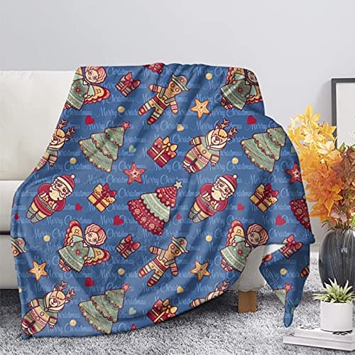 Image of HUGS IDEA Fluffy Xmas Gift Blankets with Cartoon Santa Angel Elk Deer Gingerbread Man Stars Heart Dot, Soft Fuzzy Plush Throw Blanket Yoga Mat, Blue-XL