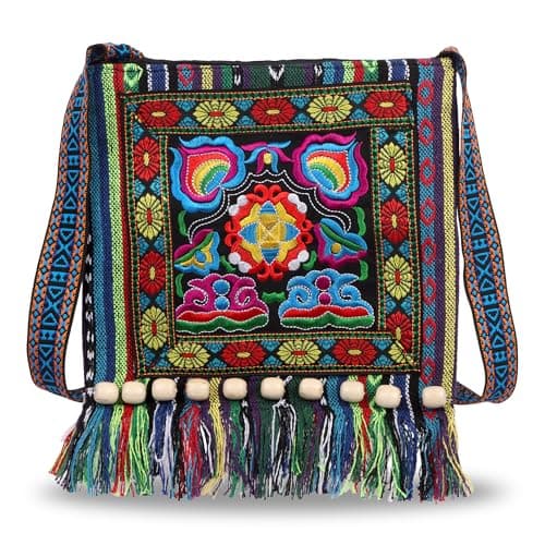 Image of Jiusely Women Mini Crossbody Bags Embroidered Canvas Bag Girls Floral Crossbody Bag, Boho Ethnic Shoulder Bag Tassels Tote Handbag Hippie Messenger Bag for Women Shopping Travel Dog Walking Beach