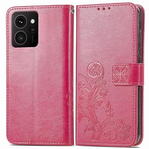 Image of RankOne Leather Phone Case for HMD Skyline (6.55" Inches), Wallet Case with 3 Card Slots 1 Coin Pocket Four Leaf Clover Pattern - Red