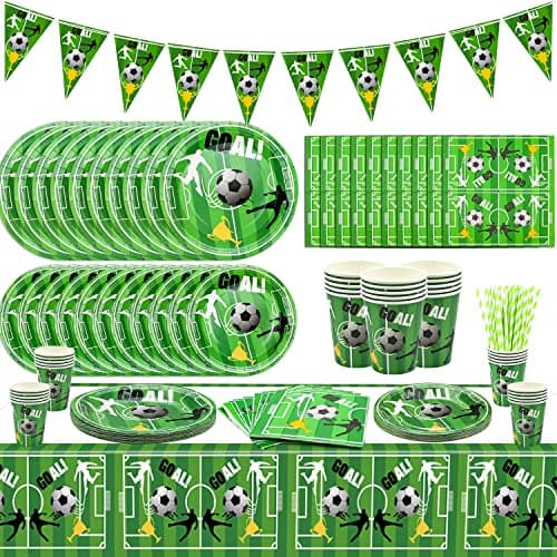 Image of Football Party Supplies, 20 Sets Football-Theme Tableware, Include Paper Plates, Paper Cups, Napkins, Flag, Tablecloth for Foot Ball Game Day Boys' Birthday