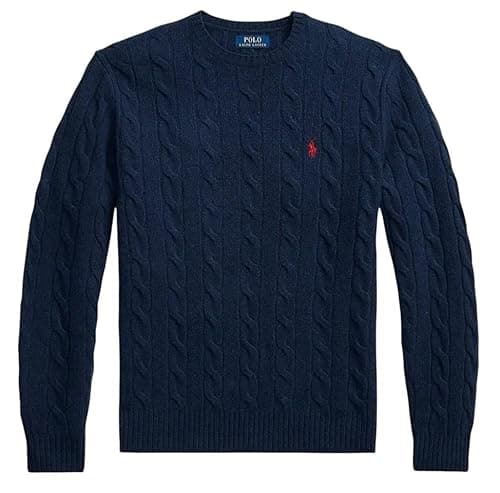 Image of POLO RALPH LAUREN Men's Cable Knit Wool Crew Neck Jumper (UK, Alpha, L, Regular, Regular, Navy Heather)