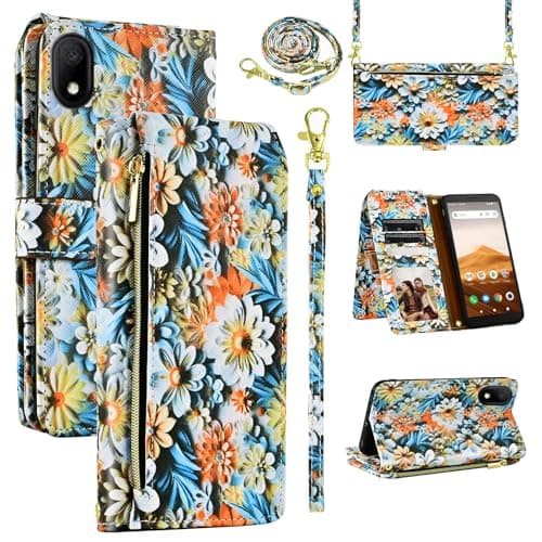 Image of Dswteny Wallet Case for Alcatel Apprise/Glimpse/Volta/1B (2020) with Wrist Strap Shoulder Strap, Floral PU Leather Flip Stand Card Holder Cell Phone Cover for 5002R 5002C 5002E 5002L Women Men Brown