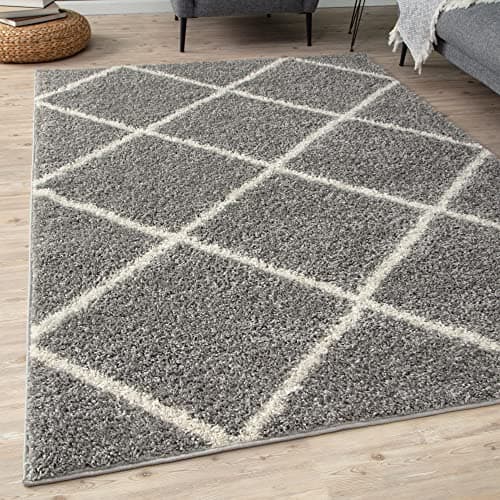 Image of THE RUGS Shaggy Rug – Modern Moroccan Design Rugs for Living Room, Bedroom, Hallway, 3 cm Thick Area Rugs, (Diamond Grey/Ivory, 80x150cm)