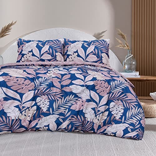 Image of Sleepdown Tropical Palm Tree Floral Blush Pink Navy Reversible Soft Easy Care Duvet Cover Quilt Bedding Set with Pillowcases - Double (200cm x 200cm)