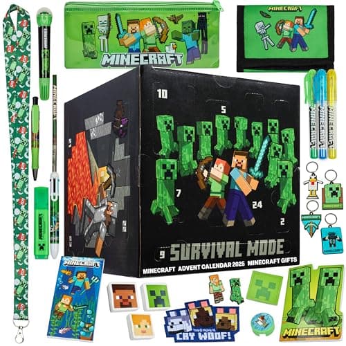 Image of Minecraft Advent Calendar 2025 for Kids Teens, Creeper Stationery & Accessories Christmas Countdown Calendar, Pens Keyrings Gadgets, Gifts for Gamers (Black Cube)