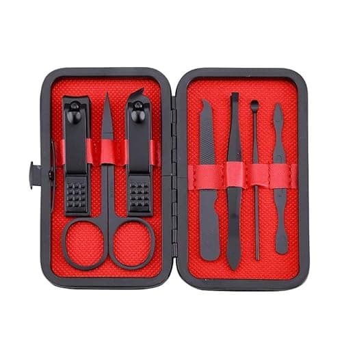 Image of Manicure Set, Portable Nail Clippers & Eyebrow Grooming Kit, Nail Care Tools, Pedicure Tool, Grooming Tools for Travel & Home, Gift for Men, Women, Friends and Parents (7 Pieces) (Black & Red)
