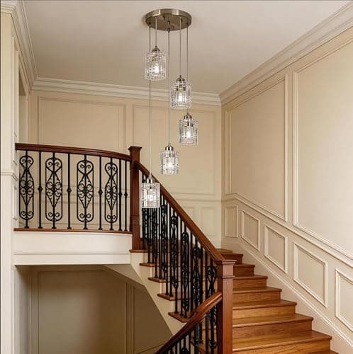 Image of Finktonglan High Foyer Chandeliers Modern Glass Ceiling Chandelier Adjustable Pendant Lighting fixtures for Kitchen Island,Dining Room,Living Room,Entryway(5 Lights)