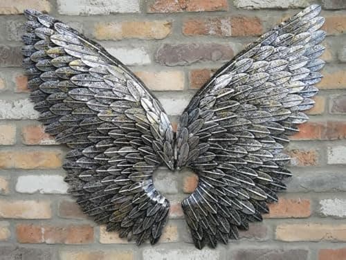 Image of Silver & Brushed Gold Metal Angel Wings Wall Art Sculpture Plaque Home Garden Decor 90cm