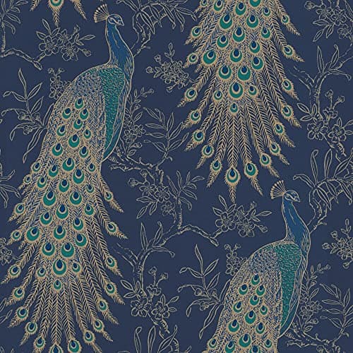 Image of Rasch Portfolio Peacock Wallpaper Navy Blue Gold Metallic Exotic Bird Feathers Lusury Feature Wall 10m Roll 215700