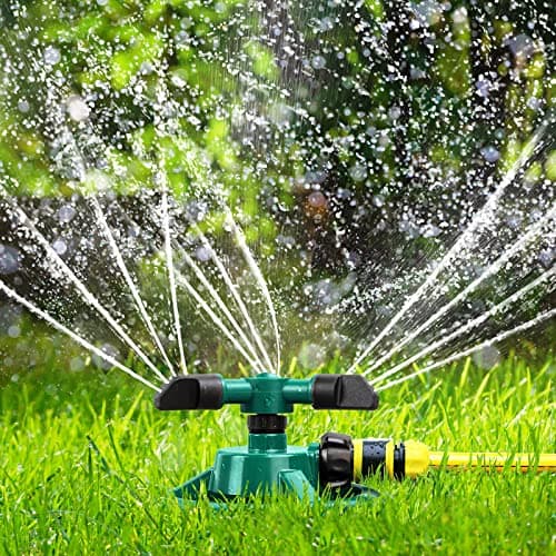 Image of ENJSD Garden Sprinkler, Automatic Lawn Sprinkler, 360 Degree Rotating Durable 3 Arms Adjustable Water Sprinkler Gardening Irrigation System Covering Large Area for Watering Lawn Plants Flowers Veggies