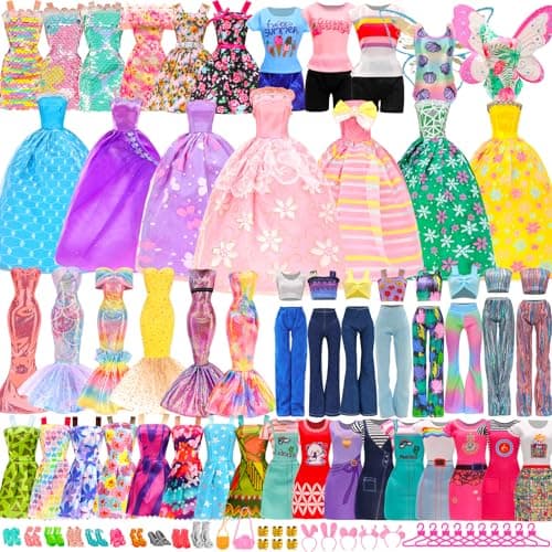 Image of Miunana 54 Pcs 11.5 inch Doll Clothes & Accessories: Fashion Sequin Floral Dresses Tops Pants Swimsuits Party Dresses Wings Costume Shoes Hangers for Doll - Random Style Gifts for Girls