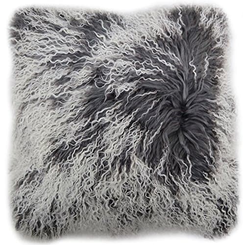 Image of SNUGRUGS Mongolian Long Curly Wool Sheepskin Cushion/Pillow & Cushion Inner - 40cm x 40cm - Grey with White Tip