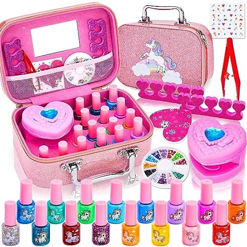 Image of Lubibi Kids Nail Varnish Set For Girls, 16 Colour Non-Toxic Peel-Off Water-Based Safe Quick Dry Nail Polish With Nail Dryer,Nail Files, Nail Stickers, Gem, Unicorn Vanity Case, Unicorn Gifts for Girls