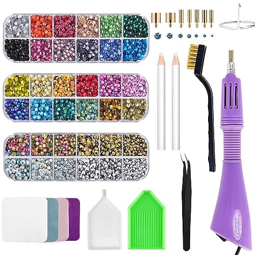 Image of Bedazzler Kit with Rhinestones, Hot Fixed Gems Craft Applicator - Diamond Painting Pen, Wax Pencil, Tweezers, Tray, Cleaning Brush & Cloth, 28 Colors Rhinestones Crystals for DIY Clothes Shoes, Purple