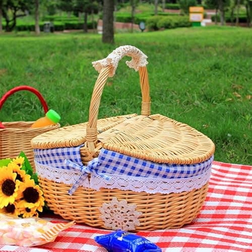 Image of Outdoor Picnic Basket Rattan Willow Flower Basket Shopping Hotel Cleaning Tools Basket Rustic Basket with Lid (blue)