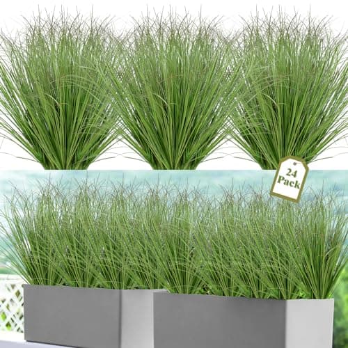 Image of UXORSN 24 Bundles Artificial Plants Outdoor Fake Grass Bushes 20 Inch Artificial Wheat Grass UV Resistant Greenery Stems Faux Shrubs Plant for Indoor Outdoor Garden Window Office Decor, Green