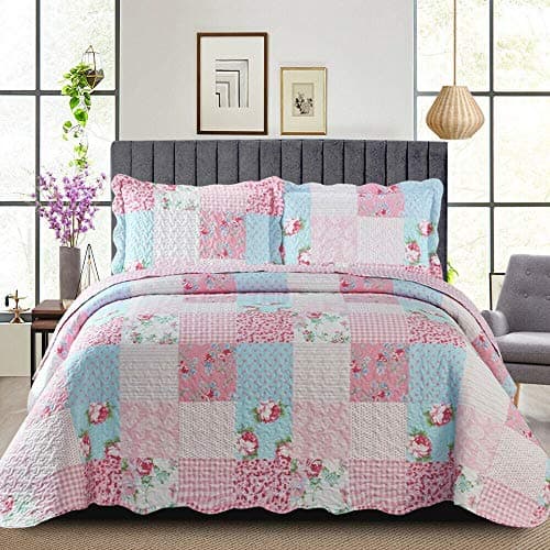 Image of PHP Patchwork Bedspread Box Pattern Cotton Filling Reversible Quilted Throw for Bedroom Decor - Warm Quilt Coverlets Blankets Single Bed Floral Pink Bedspread with Pillow Case